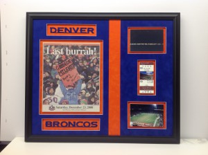 Football Collage framed.  Denver Broncos letters were cut out of suede mats with a laser.