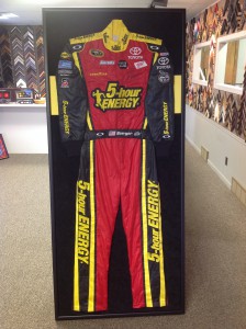 A full NASCAR racing suit was framed and given as a gift.